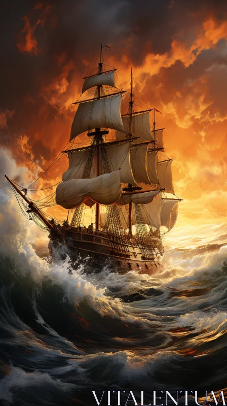Epic Fantasy Ship Sailing in Majestic Ocean - Historical Illustration Style AI Image