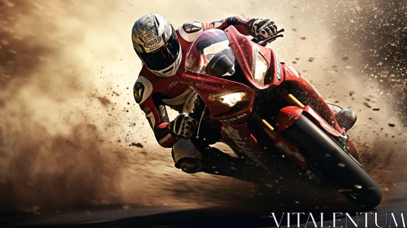 High-Speed Motorcyclist in Dust Storm: Photorealistic Depiction AI Image