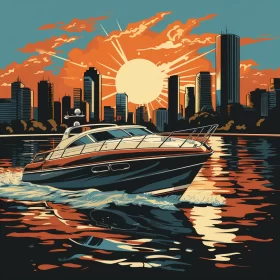 Pop-Art Style City Lake Sunset Scene with Bold Colors and Detailed Skyline AI Image