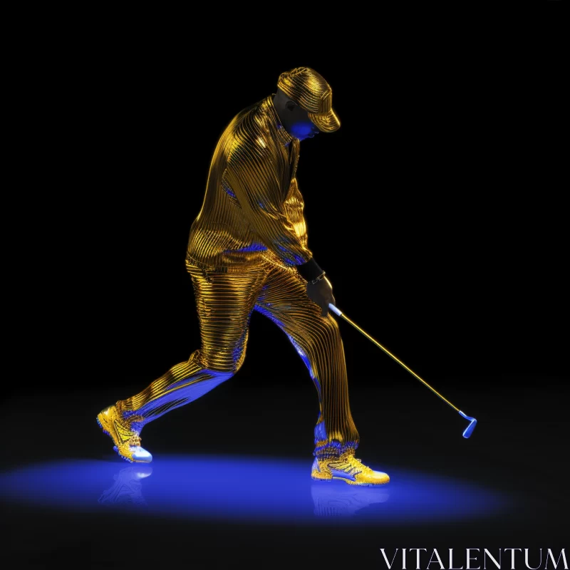 Surreal Golf Scene in Hip-Hop Gold Outfit Amidst Luminous 3D Objects AI Image