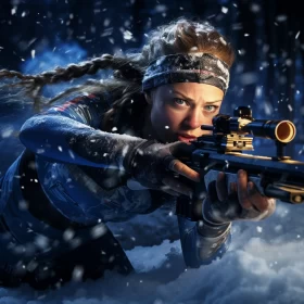 Woman in Blue Amidst Snowy Landscape with Sci-fi Weapon AI Image