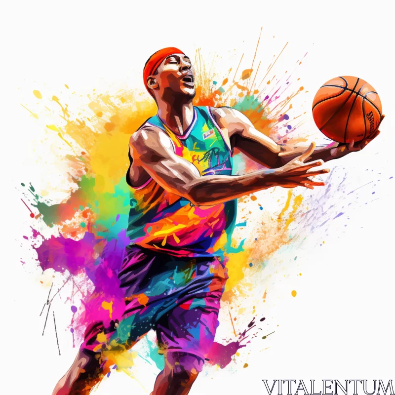 Dynamic Basketball Action Captured in Vivid Ink Wash Painting AI Image