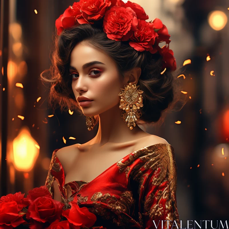 Luxurious Red Dress Model with Red Flowers in Baroque Lighting AI Image