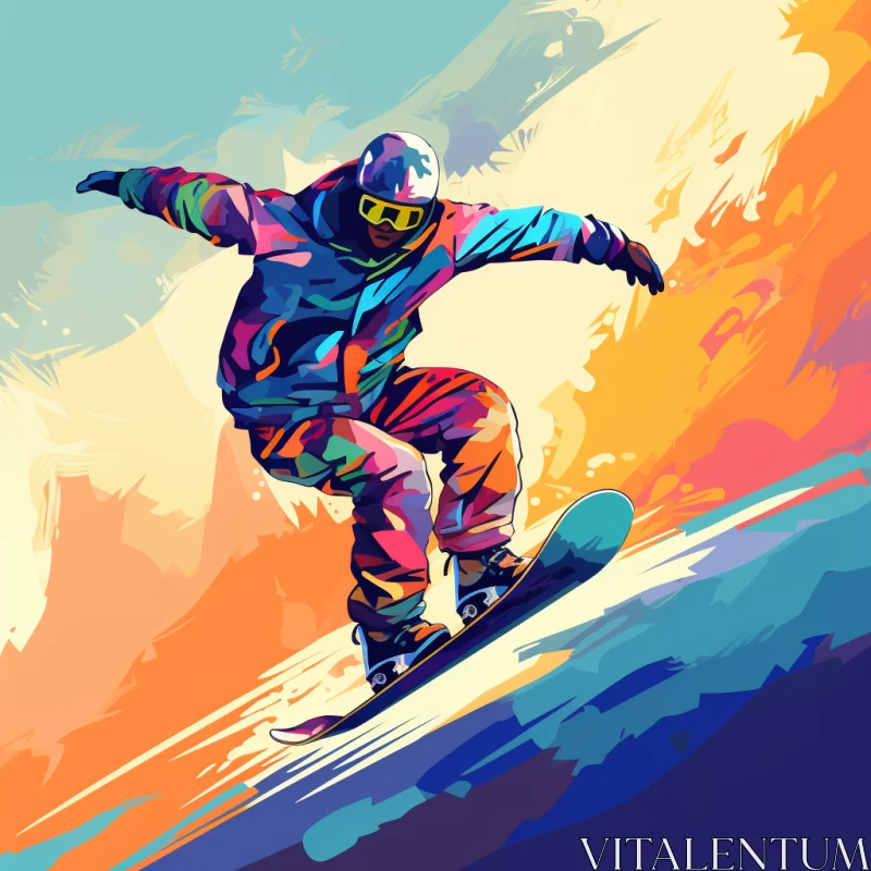 AI ART Thrilling Snowboarding Scene in Vibrant Color Gradients on a Unique Canvas
