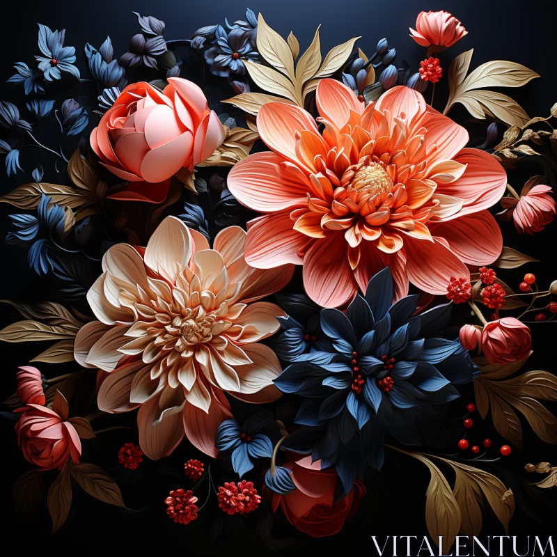 Colorful Floral Arrangement against Black Background - Romantic Illustration AI Image