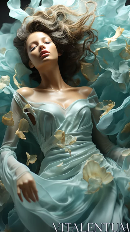 Ethereal Woman in Turquoise Dress Amidst Flower Field AI Image