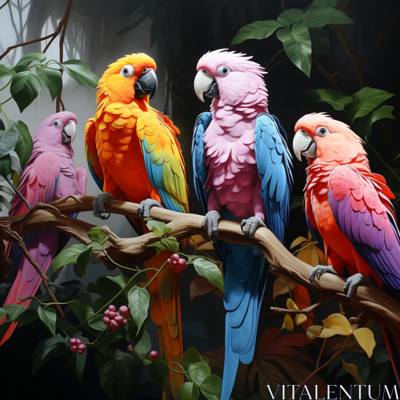 Mesmerizing Portrait of Vibrant Parrots Perched on Delicate Branches AI Image