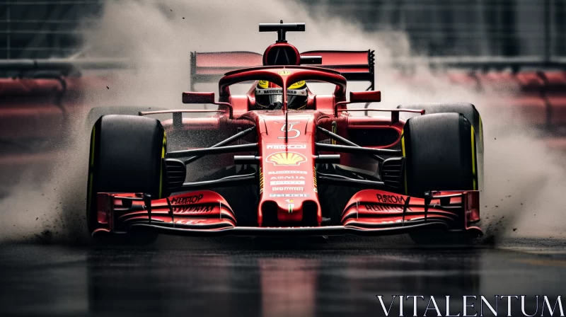 Dramatic Low-Angle Shot of Liquid Metal Finished Ferrari Race Car in Rain  - AI Generated Images AI Image
