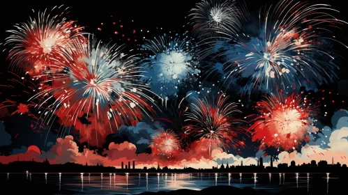 Fireworks Over City Skyline: A Romantic Riverscape in Crimson and Blue AI Image