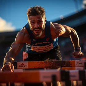 Low-Angle Shot of Athletic Man in Mid-Hurdle Race Under Golden Sunlight
