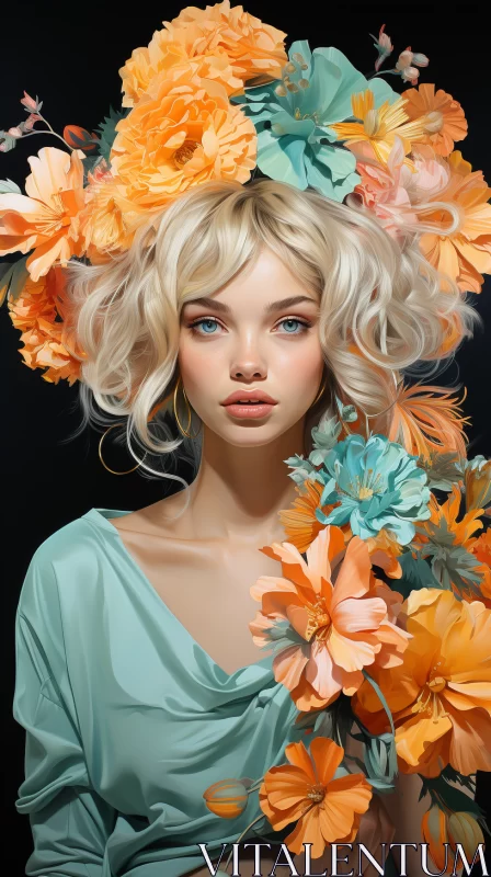 Blond Girl in Orange Flower Crown: A Fairytale Portrait in Barbiecore Style AI Image