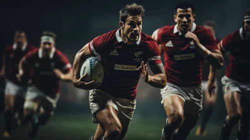 Nighttime Rugby Match Under Crimson Sky - Intense Action Captured in Long-Exposure AI Image