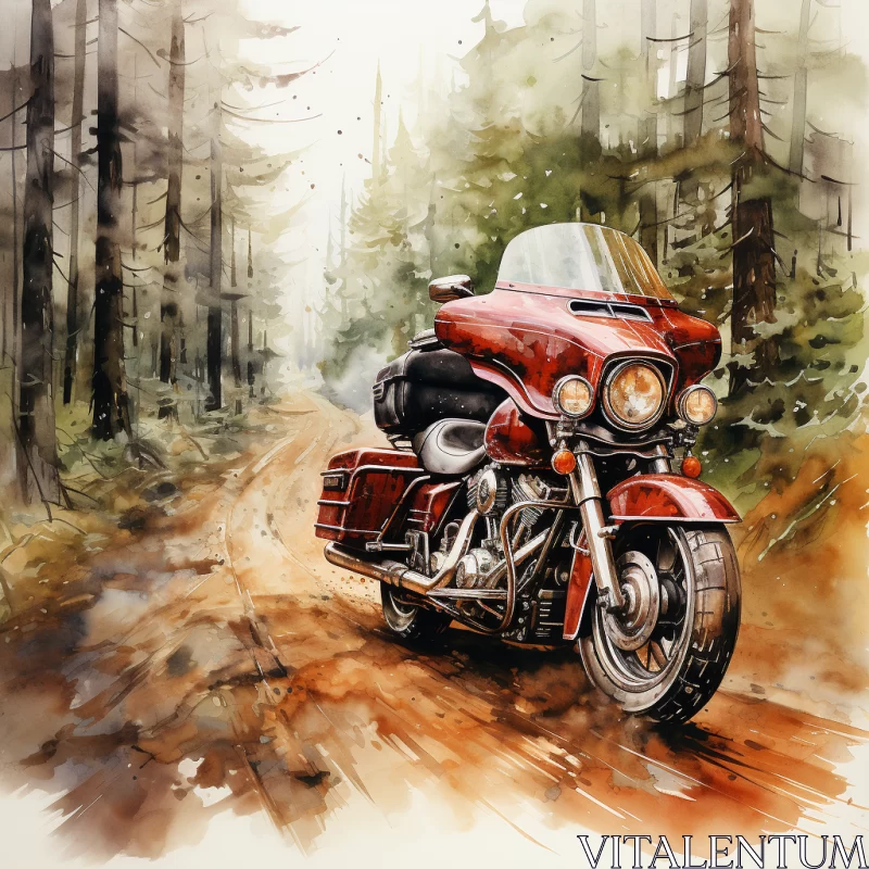 Watercolor Painting of Red Motorcycle in Forest Setting AI Image