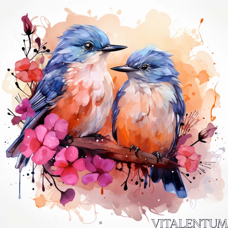 Captivating Watercolor Art with Charming Birds and Vibrant Flowers AI Image