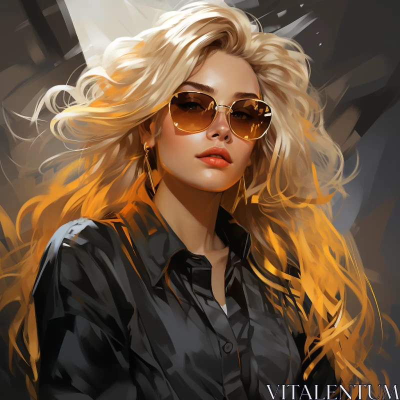 Expressive Illustration of Woman with Long Hair and Sunglasses AI Image
