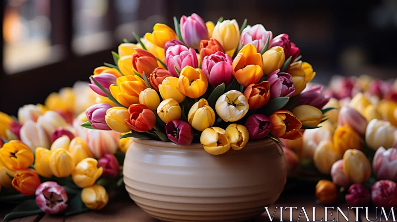 Handcrafted Beauty: Tulips in Glazed Earthenware Vase AI Image