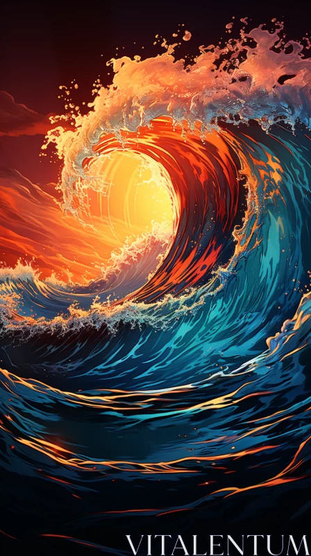 Illustrated Ocean Waves at Sunrise with Mythological Symbolism AI Image