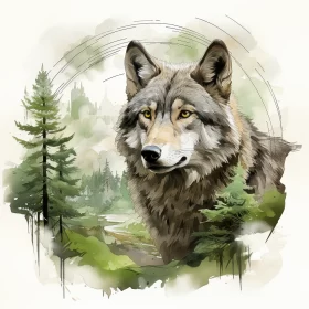 Realistic Watercolor Illustration of a Wild Wolf in a Forest AI Image