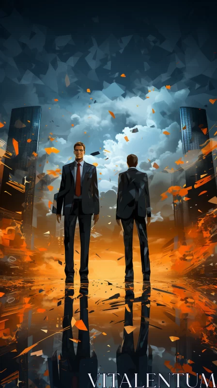 Silhouetted Men Against Chaotic Cityscape Illustration AI Image