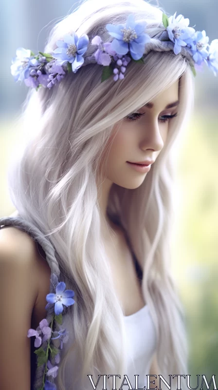 Ethereal Blonde Woman with Blue Flower Crown in Dreamy Atmosphere AI Image