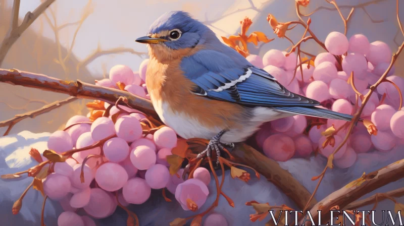 Mesmerizing Hyper-Realistic Illustration: Serene Blue Bird Perched on Branch with Succulent Grapes AI Image