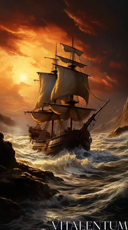 Pirate Ship Navigating Rocky Seas under Golden Light AI Image