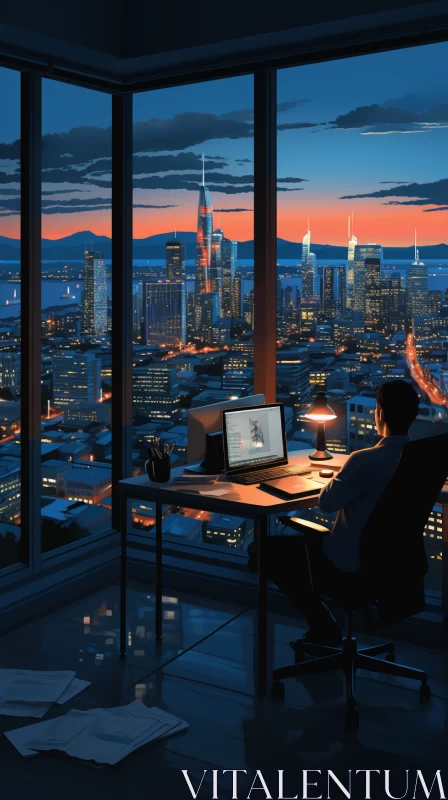AI ART Precisionist Artwork of Man at Desk with Night Cityscape View