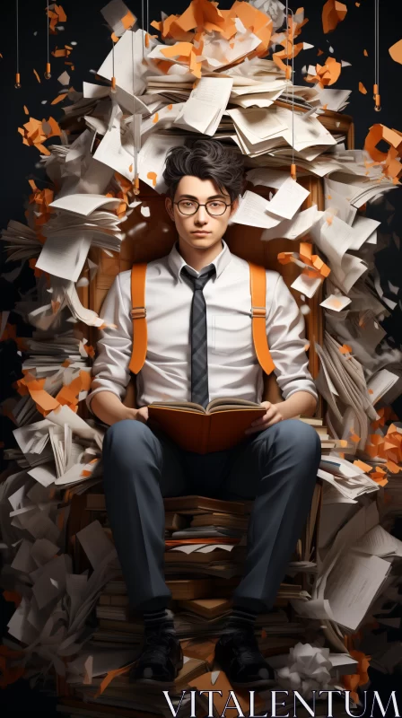 Anime-styled Man Amidst Text-Heavy Documents - Fairy Academia Aesthetic AI Image