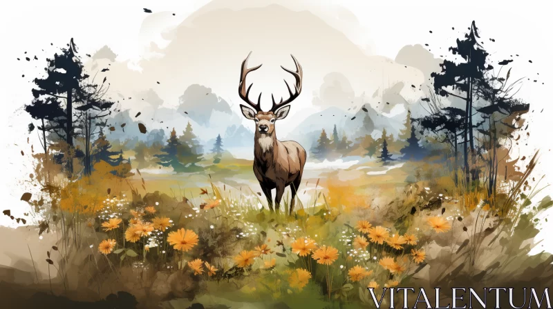 Artistic Deer Painting in Flower-Covered Forest Landscape AI Image