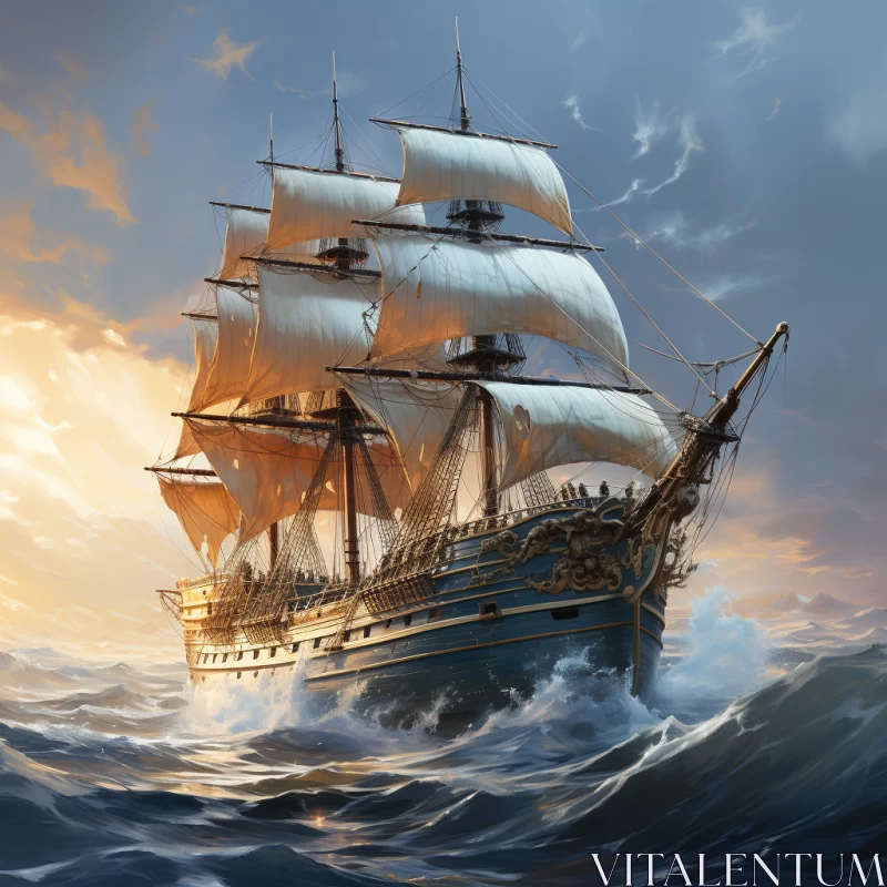 Baroque-Styled Oak Sailing Ship Traversing Ocean at Sunset AI Image