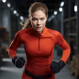 Formidable Woman in Red Outfit Mid-Run Against Industrial Backdrop AI Image
