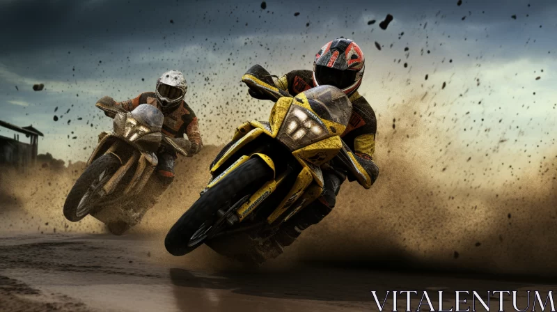High-Definition Image of Intense Motorcycle Race with Dust Clouds AI Image