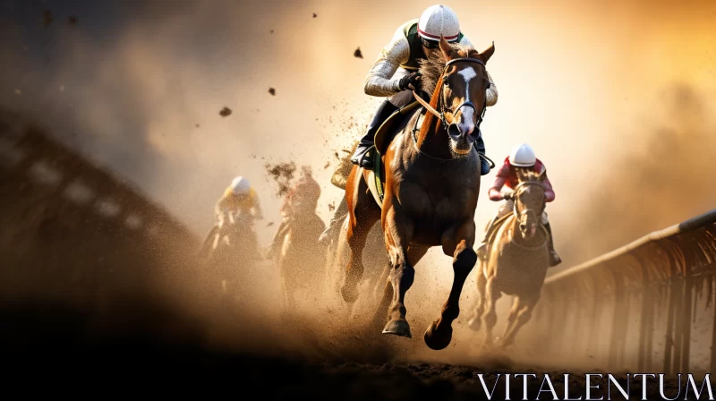 Intense Close-Up Image of Jockeys in Fierce Horse Race on Sunlit Track AI Image