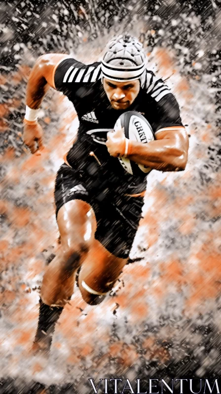 AI ART Victorious Rugby Player in Dark Attire on Vibrant Field: Unique Blend of Art Styles and Techniques