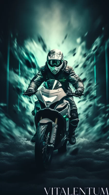 Alien Motorcycle Rider in Harsh Weather - Emerald & Cyan Digital Art AI Image