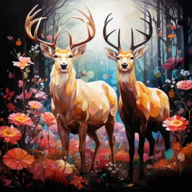 Colorful Realism of Deers in an Amber Forest