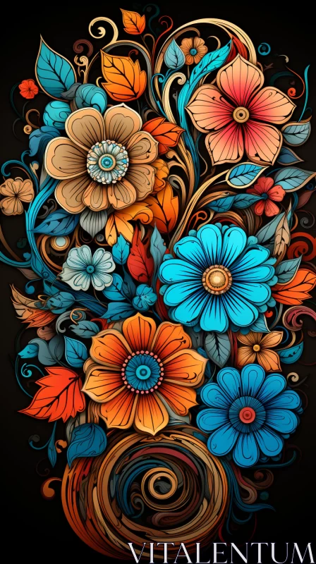 Colorful Realism: Ornamental Floral Arrangement in Sky-Blue and Brown AI Image