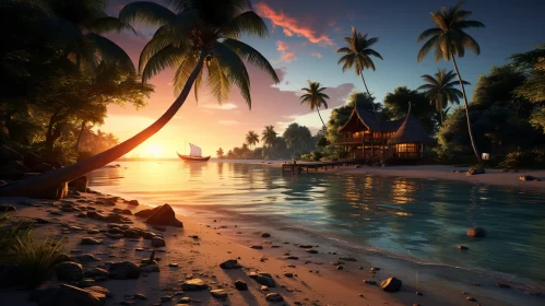 Idyllic Tropical Scene with Beach House and Moored Boat at Sunset AI Image