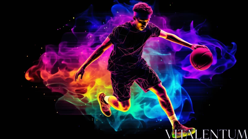 Passionate Basketball Player Leaping in Vibrant Neon Scene AI Image