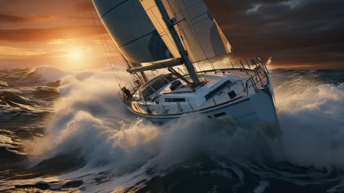 Realistic Sailboat Journey in Choppy Seas at Sunset with Cinematic Appeal AI Image