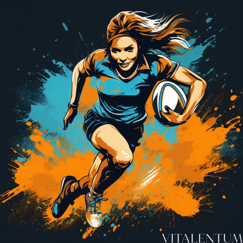 Vibrant Acrylic Image of Determined Woman Rugby Player in Contrasting Colors AI Image