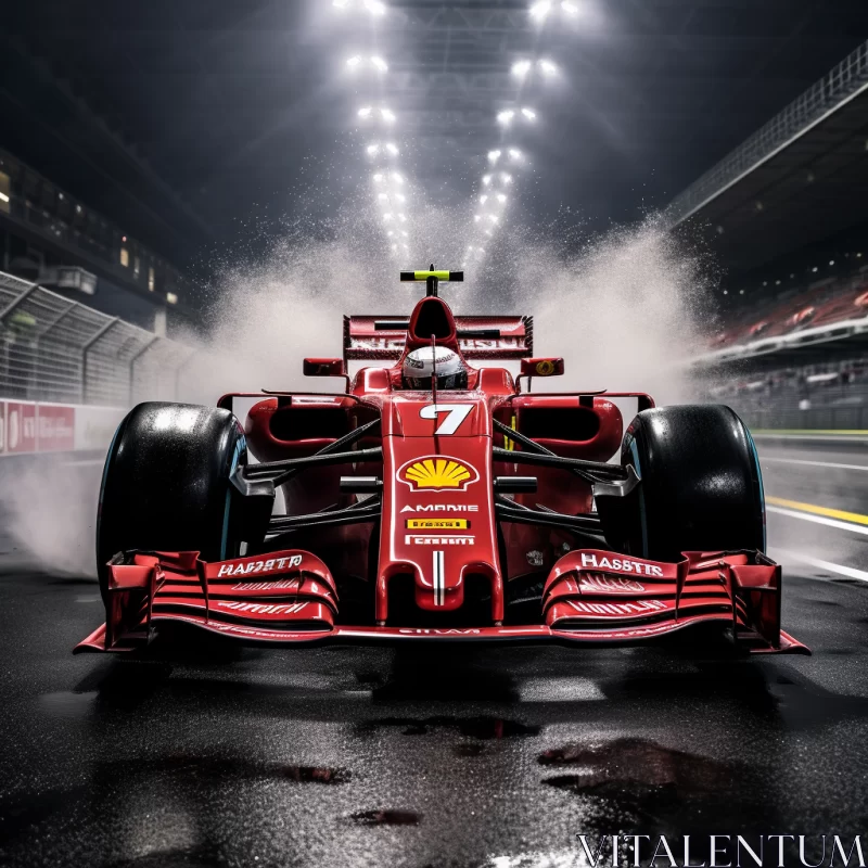 Vibrant Image of Red Ferrari Racing Car on Wet Track at Night  - AI Generated Images AI Image