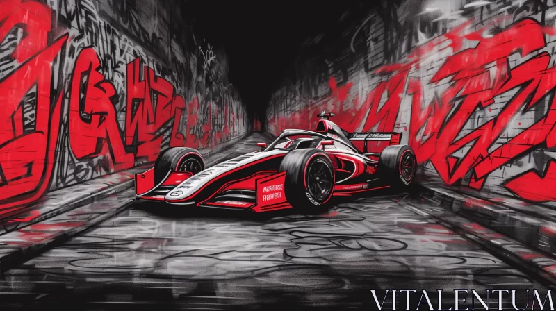 Vibrant Red Racing Car in Graffiti Filled Tunnel  - AI Generated Images AI Image