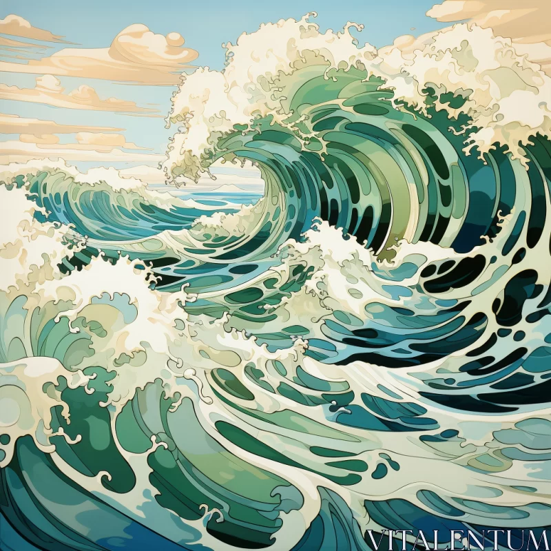Bold Wave Illustration in Art Nouveau & Neo-Traditional Japanese Style AI Image