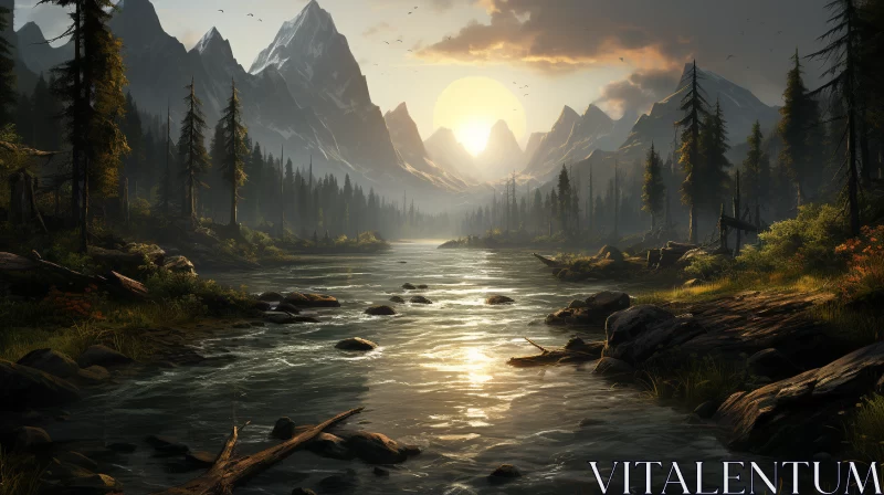 Majestic Wilderness Scene with Radiant Sunrise over Mountain Range AI Image