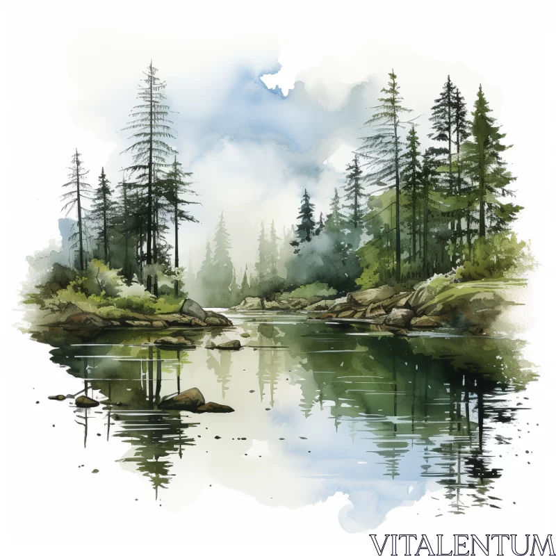 Tranquil Lake and Mountain Landscape in Watercolor AI Image