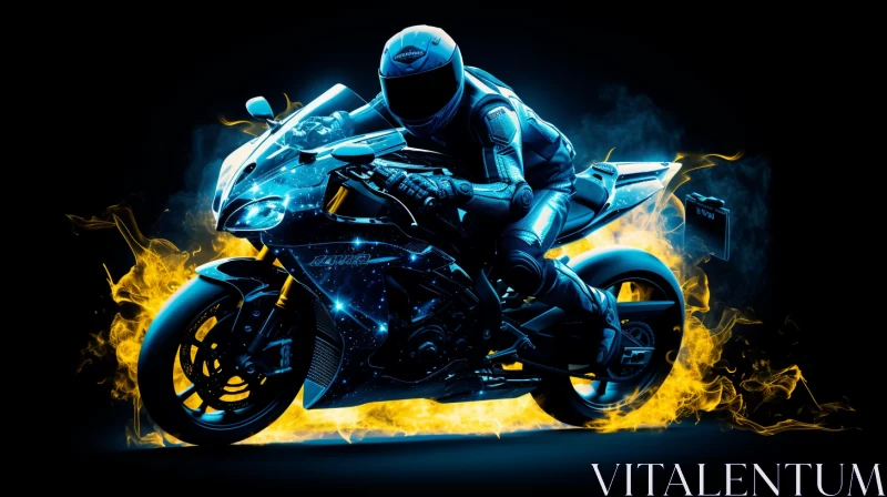 3D Metallic Motorcycle Ablaze in Vibrant Yellow Flames - 8K Digital Illustration AI Image