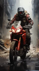 Moody Cityscape with Soldier on Motorcycle AI Image