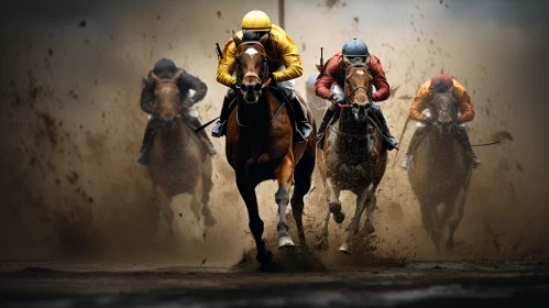 8K Image of Jockeys Racing Horses on Dirt Track in Vibrant Tones AI Image