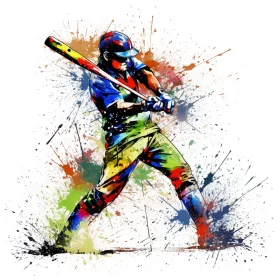 Abstract Baseball Player Swinging Orange Bat amidst Colorful Chaos AI Image